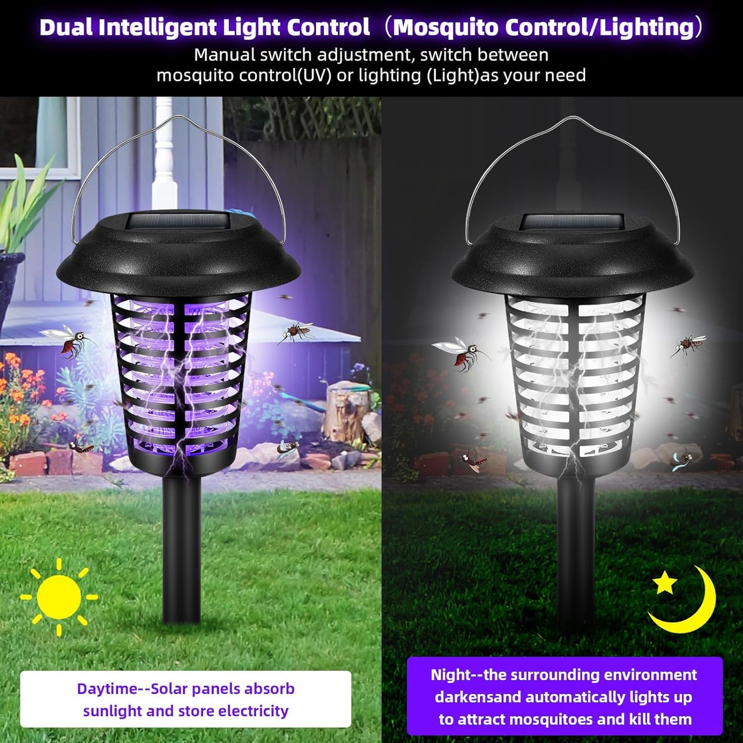 2-Pack Solar-Powered Bug Zapper Lamp for Outdoors - Mosquito & Fly Killer Stake Light Fixture Yard Garden Patio