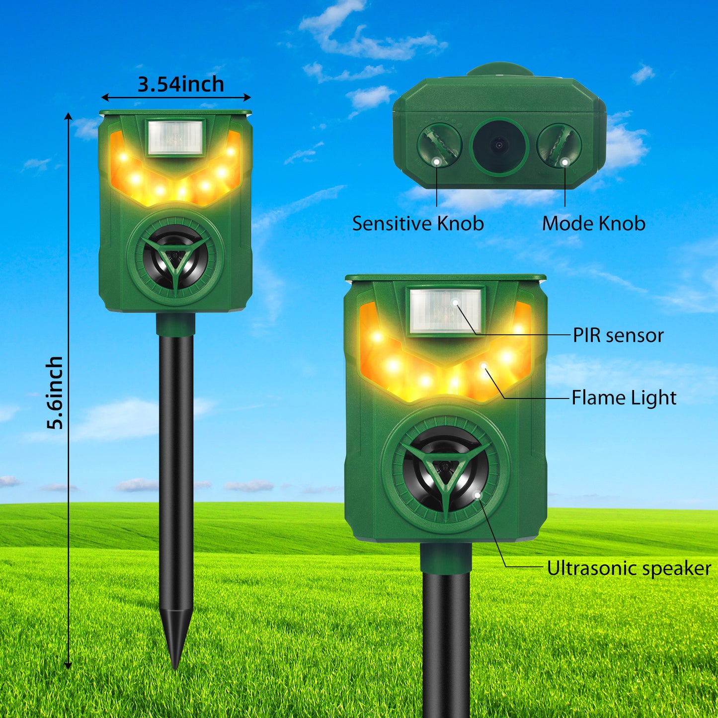 Ultrasonic Animal Repeller Solar Powered Outdoor,Deer Repellent Devices with Motion Sensor Flame Light Waterproof Animal Deterrent for Deer Raccoon Cat Squirrel Skunk Dog Rabbit Coyote and More