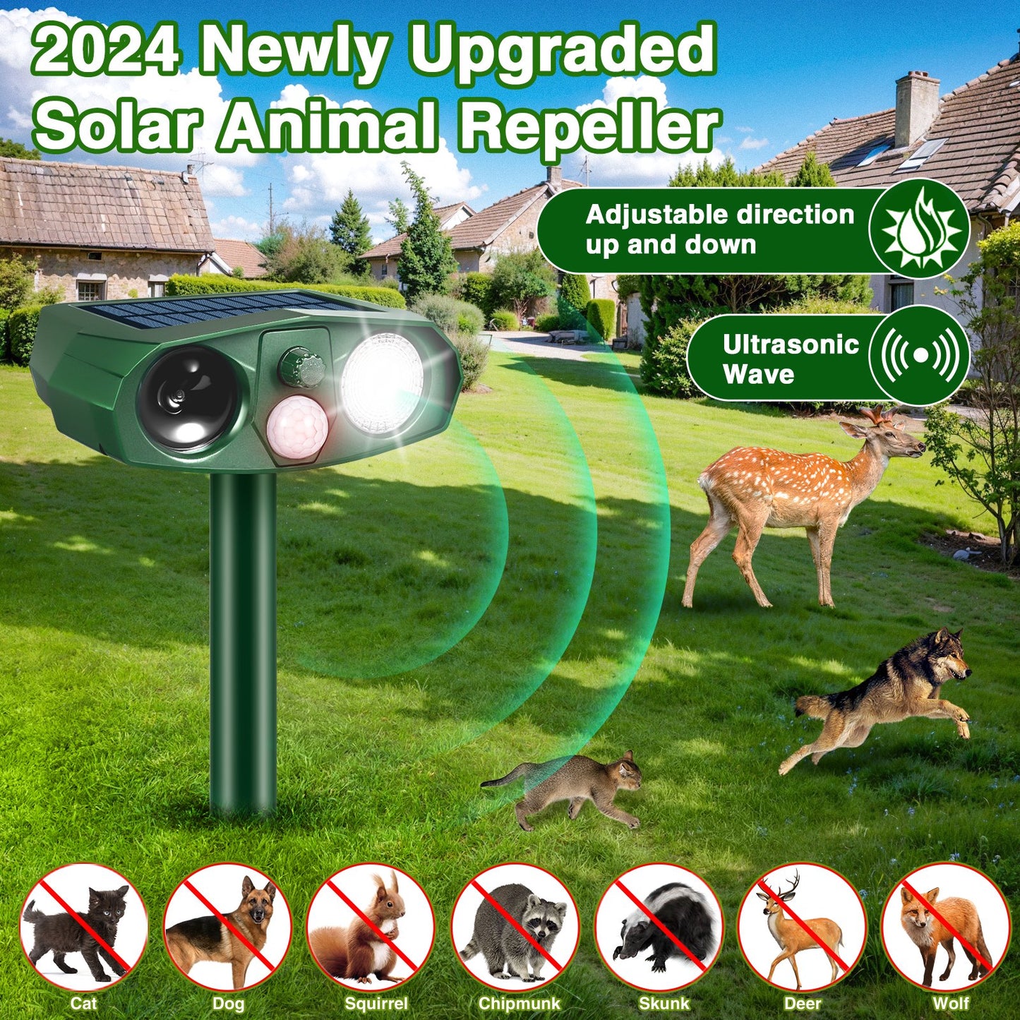 Solar Animal Repeller, Ultrasonic Cat Repellent Outdoor Waterproof Deer Deterrent Flash Light Protect Your Garden