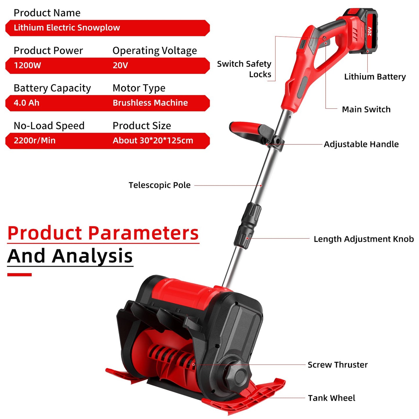 Cordless Electric Snow Shovel, 20V 12-Inch Snow Thrower with Adjustable Auxiliary Handle Battery Powered Snow Blower