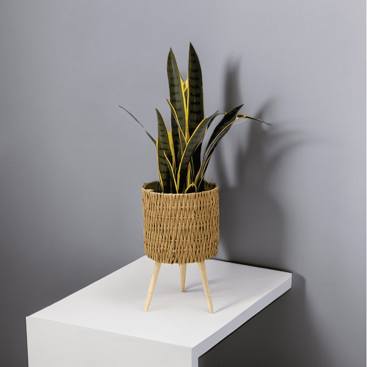 Plant Rack, Garden Planter Floor Standing Round Wooden Rattan Flower Basket Flower Rack Planter & Stand Set with Wood Legs