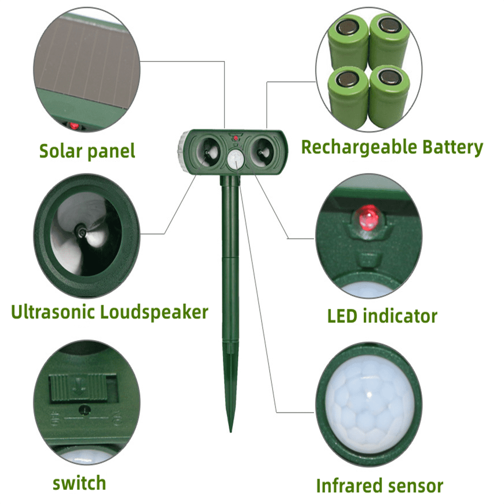 4 Pack Ultrasonic Deer Repellent Solar Animal Repeller Outdoor Waterproof with Motion Sensor Red Light Deterrent for Raccoon Rabbit Coyote Squirrel Deer Cat Dog Skunk Fox Etc