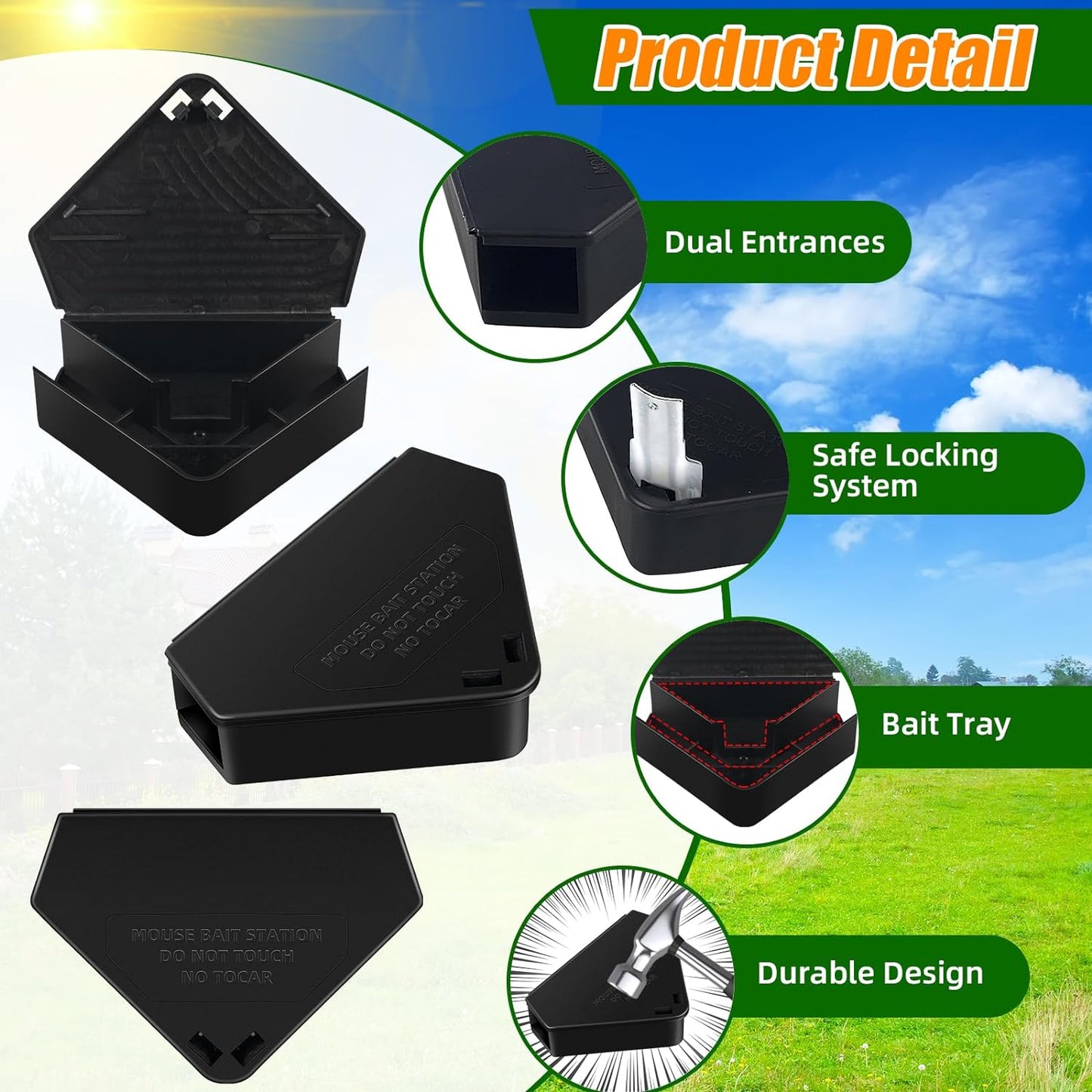 Professional Triangular Mouse Bait Station Black & Stainless Steel 8 Pack Keep Kids and Pets Safe Reusable Design