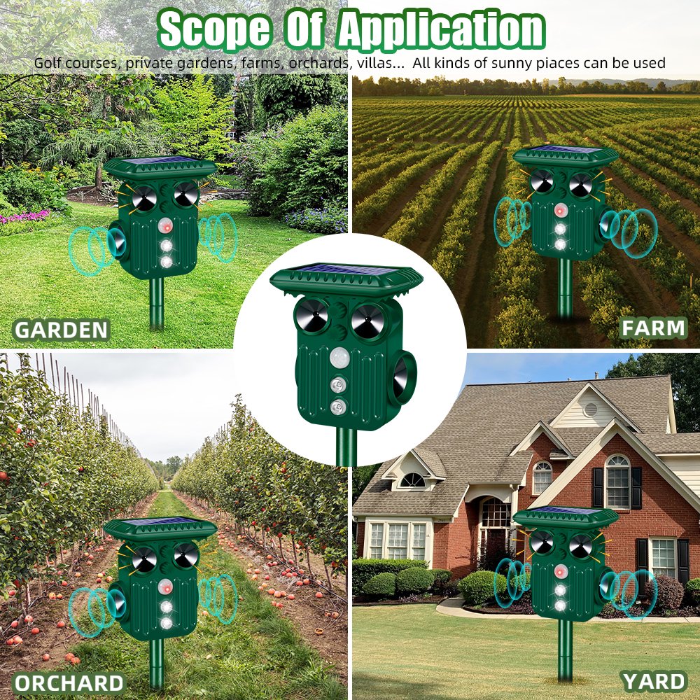 Outdoor Animal Repeller 360° Ultrasonic Solar Animal Repeller, Animal Deterrent Rodent Repeller Solar Powered Dog Repellent for Cat Raccoon Rabbit Deer