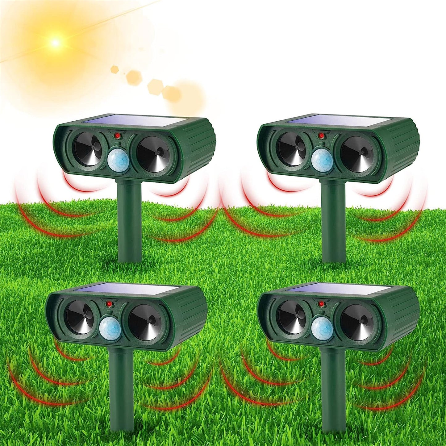 4 Pack Ultrasonic Repellent Solar Animal Repeller Outdoor Waterproof with Motion Sensor Red Light Deterrent for Raccoon Rabbit Coyote Squirrel Deer Cat Dog Skunk Fox Etc