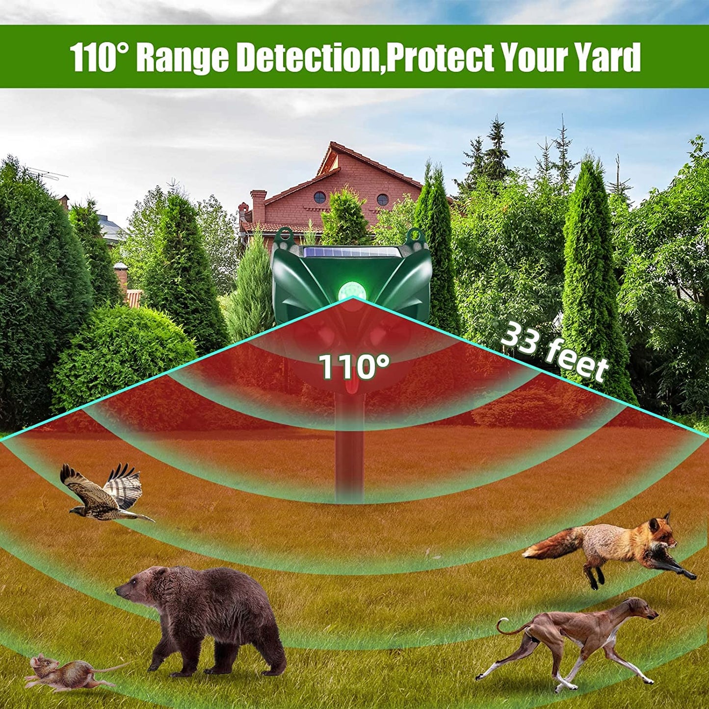 2 Pack Solar Ultrasonic Animal Repeller Outdoor Solar Animal Repellent with Motion Detector&Flashing Lights Waterproof for Rat, Squirrel, Deer, Raccoon, Skunk, Rabbit, Mole, Dog, Cat(Green)