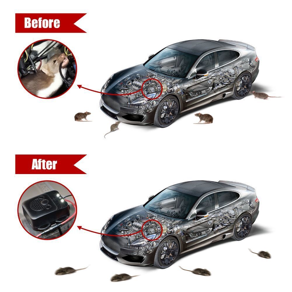 Under Hood Rodent Repeller, Professional Mouse Repellent, Ultrasonic 12V Car Pest Repeller Squirrels, Pack Rat Deterrent for Cars Trucks RV Engine Bay Warehouse Attic with Evictor Strobe Light 2 Pack