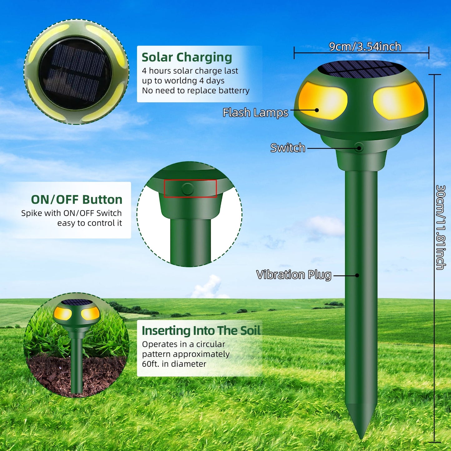 Solar Animal Repeller, 2 Pack Outdoor with Vibration Nocturnal Flash Light Predator Deter for Yard Farm