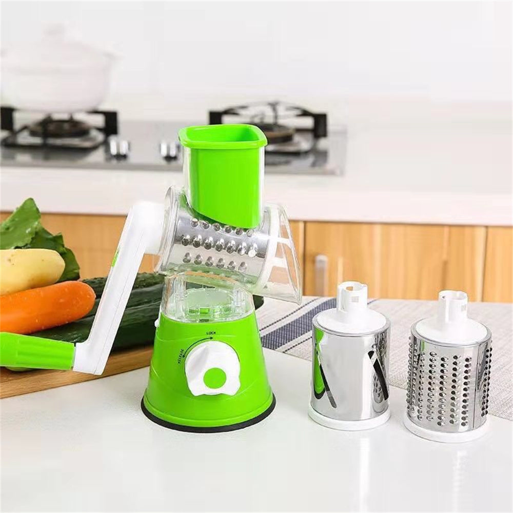 Rotary Cheese Grater Shredder Chopper Round Tumbling Box Mandoline Slicer Nut Grinder Vegetable Slicer, Hash Brown, Potato with Strong Suction Base (Green)