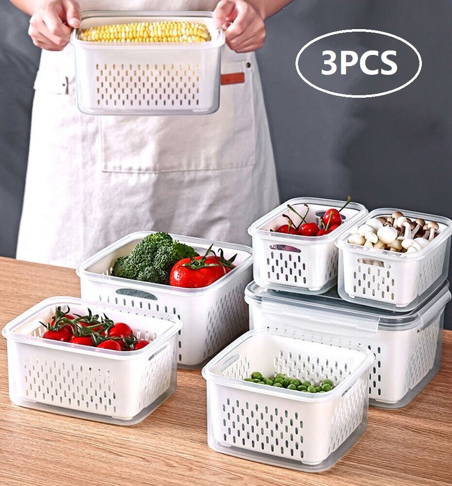 3 Pack Vegetable Fruit Storage Containers For Fridge With Lids Drain Colanders Refrigerator Organizations Storage For Spinach Strawberry Berry Salad Cheese Lettuce