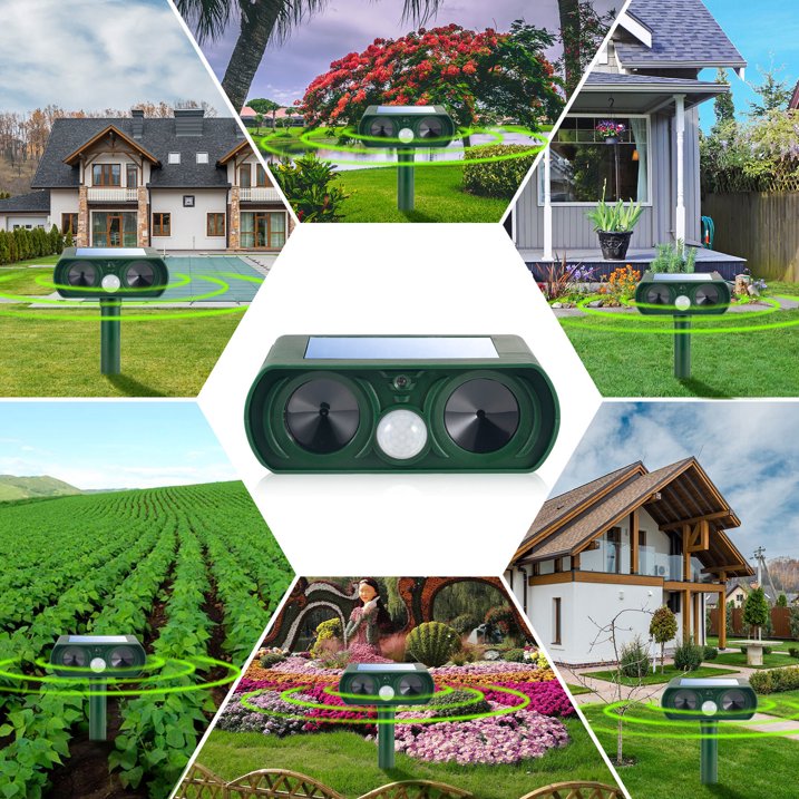 4 Pack Ultrasonic Deer Repellent Solar Animal Repeller Outdoor Waterproof with Motion Sensor Red Light Deterrent for Raccoon Rabbit Coyote Squirrel Deer Cat Dog Skunk Fox Etc