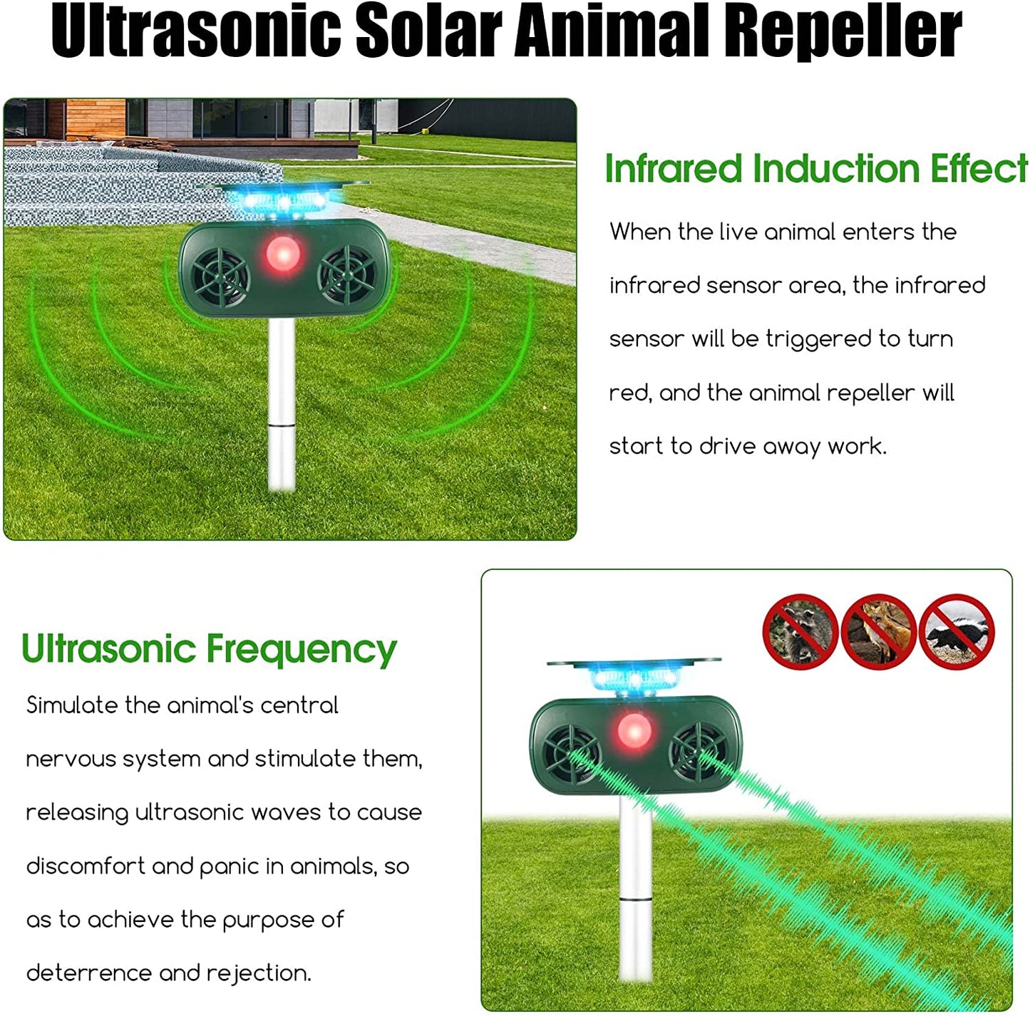 Ultrasonic Animal Deterrent Outdoor Solar Animal Repeller with Motion Sensor Flashing Light Waterproof Animal Repellent for Squirrel Deer Raccoon Rabbit Dog Skunk Fox Protect Farm Yard Garden