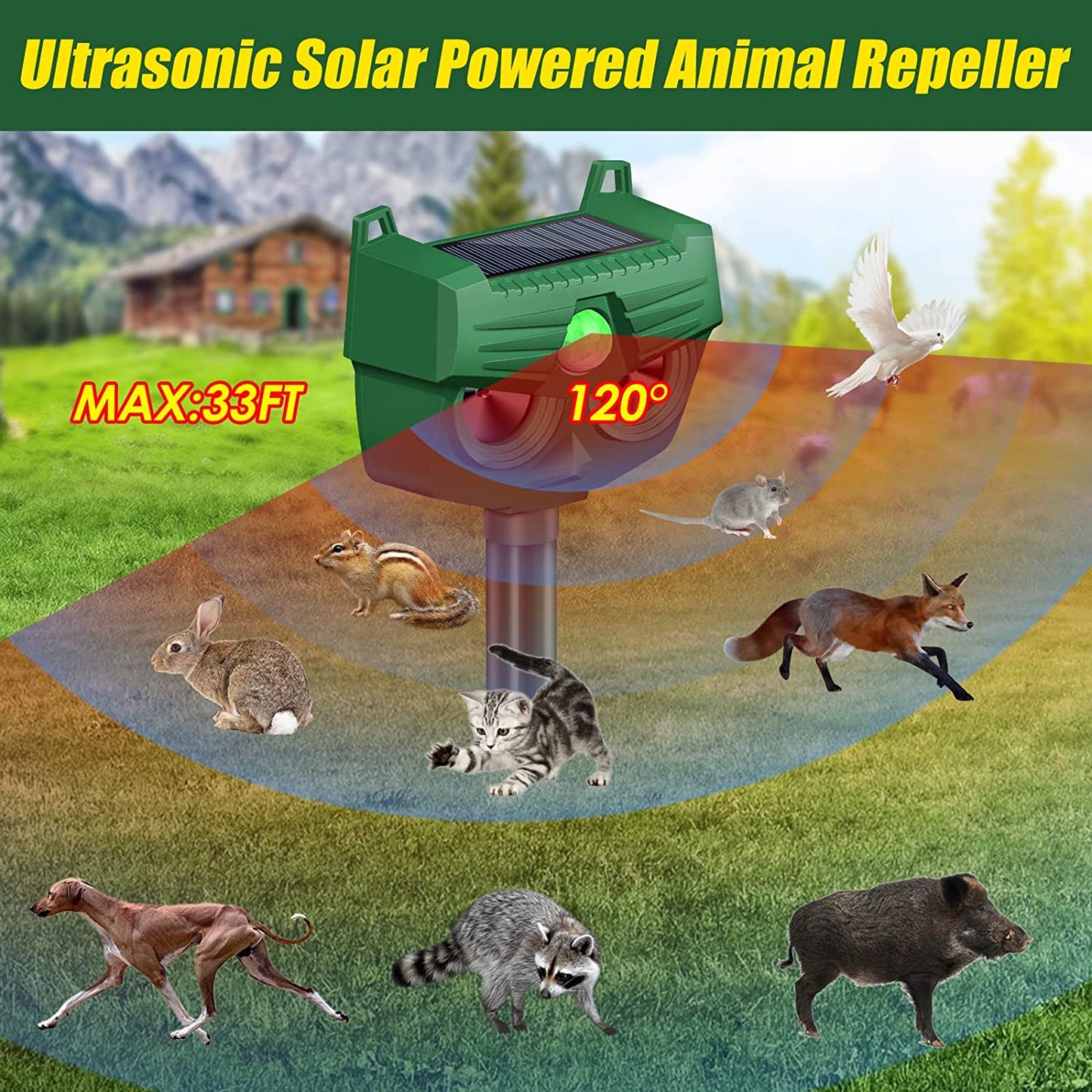 Solar Animal Repellent Outdoor Ultrasonic Animal Repeller Waterproof Repeller Device for Patio Garden Farm Yard Dog Raccoon Fox Deer