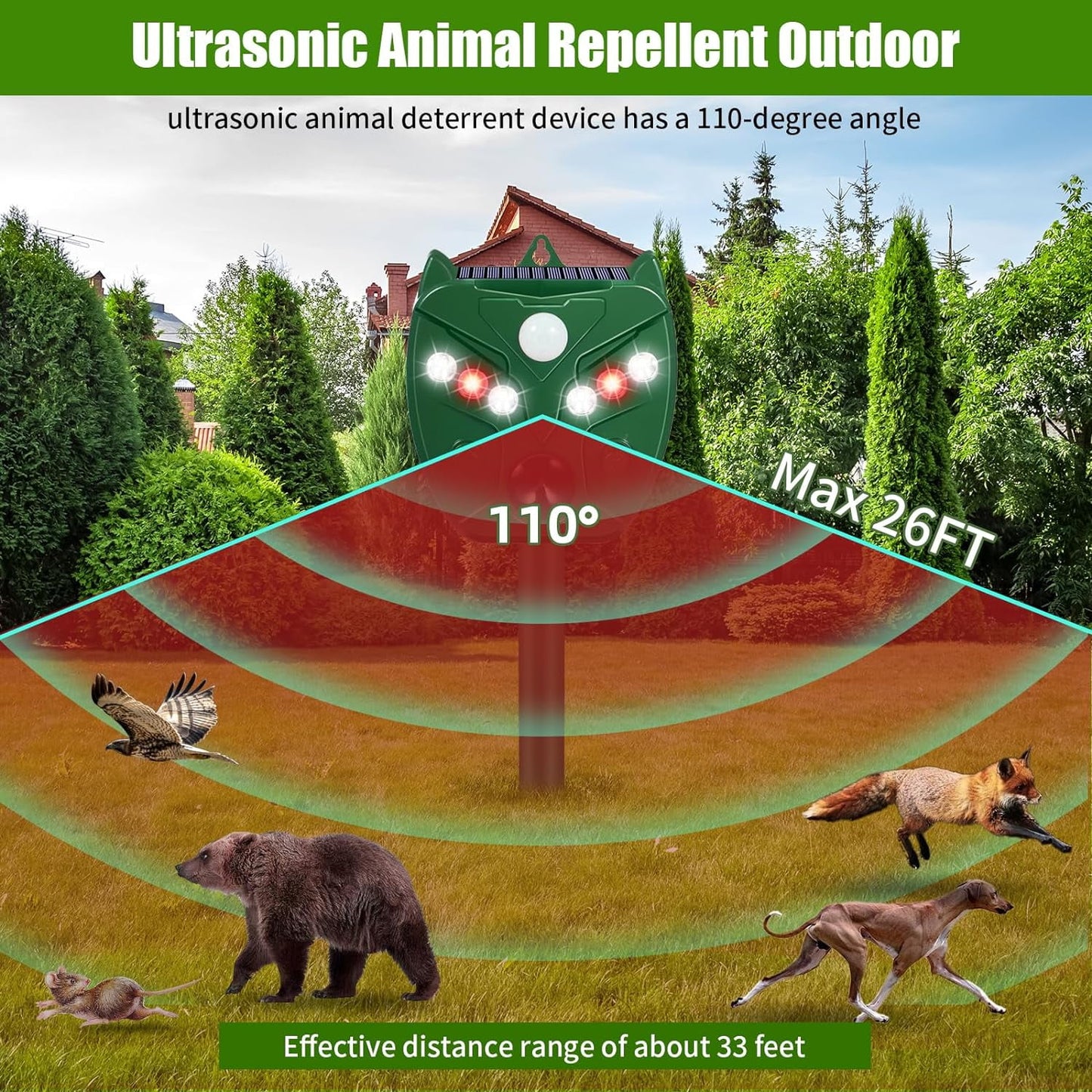 Ultrasonic Animal Repellent, Outdoor Waterproof Solar Animal Repeller Keep Deer Cat Dog Skunk Squirrel Rabbit Raccoon Out of Your Garden