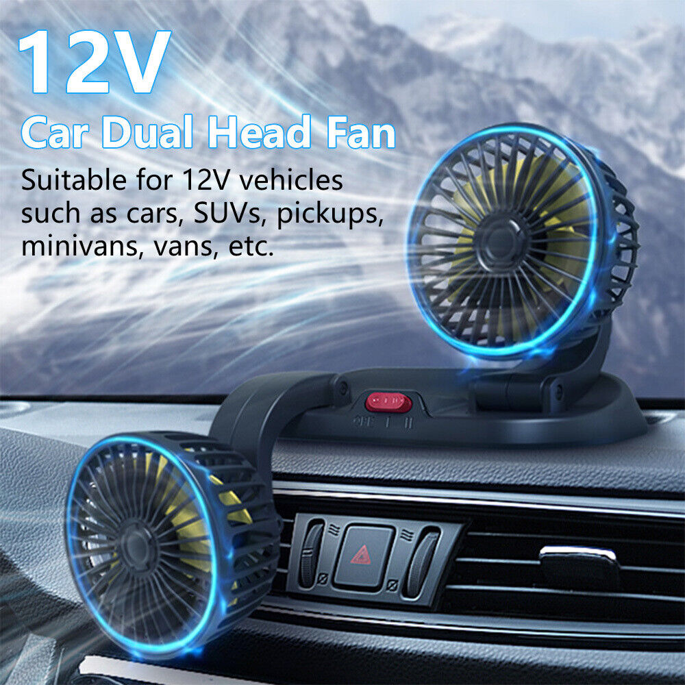 Car Dual Head Fan Portable Vehicle Truck 360° Rotatable Auto Cooler Air Fan 12V