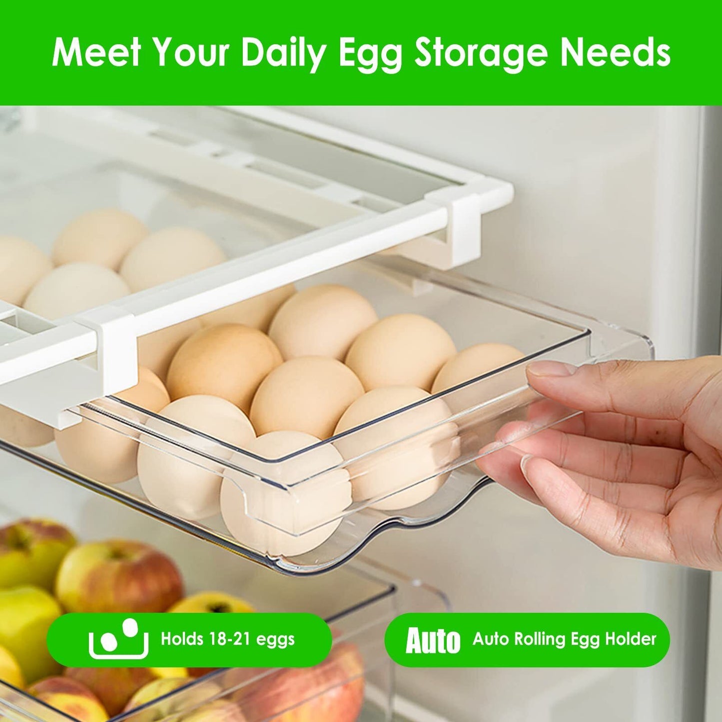 Auto Scrolling Refrigerator Egg Drawer,Large Capacity Egg Holder Tray for Refrigerator,Adjustable Clear Egg Storage Container Fit Fridge Shelf Under 0.6"