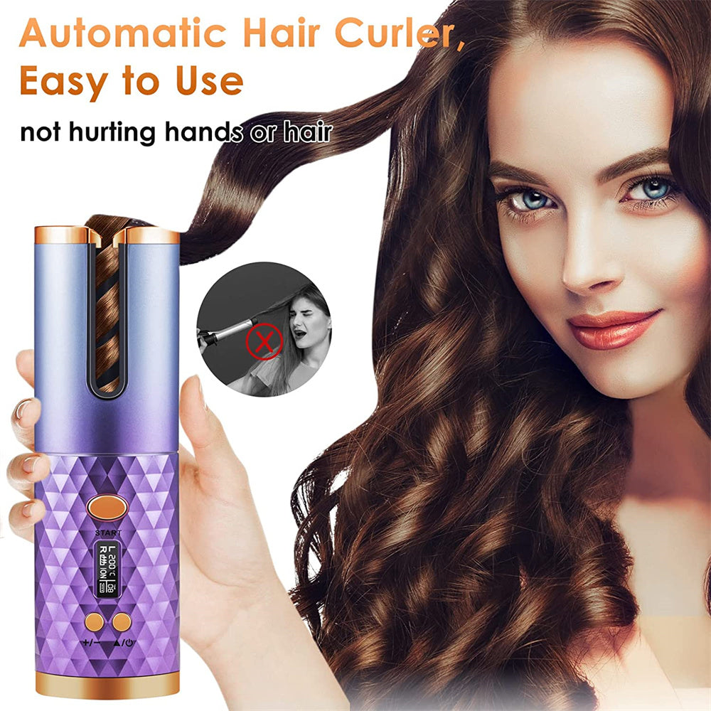 Automatic Curling Iron Wireless Hair Curler Wavy Look with 6 Temp & Timer LCD Display USB Rechargeable Fast Heating Ceramic Rotating Hair Curler for Styling