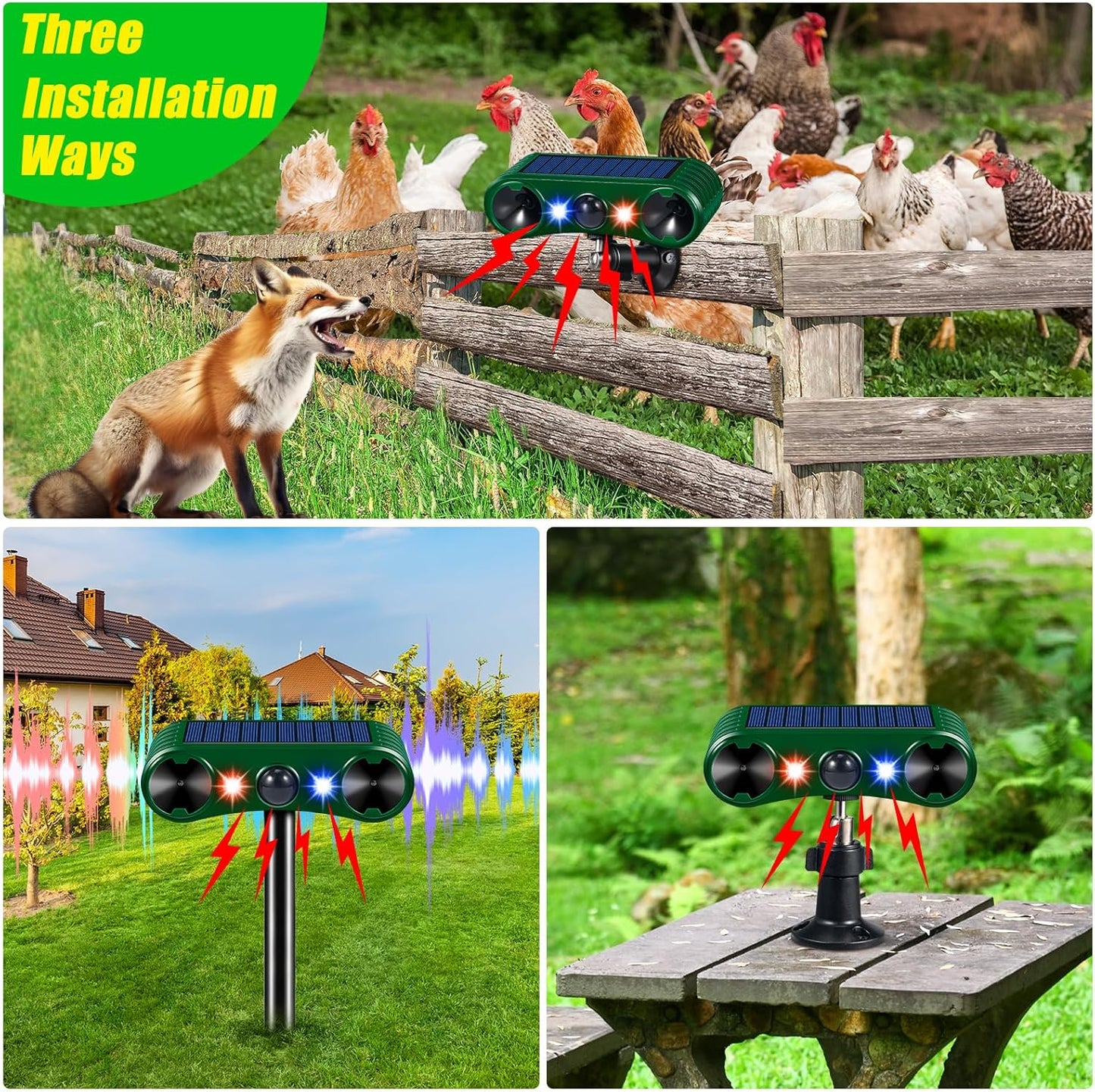 Solar Animal Repeller with PIR Sensor - Deer Cat Dog Squirrel Raccoon & Rabbit Deterrent - Ultrasonic Outdoor Device