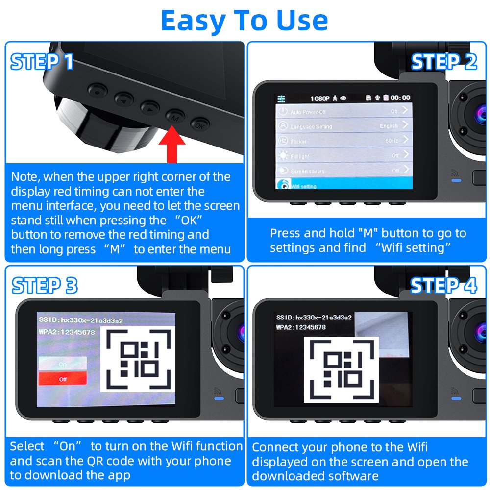 Car Dash Cam 3 Channel 1080P Dash Camera Front and Rear Dashcam with WiFi & 32GB Card Night Vision 24H Parking Mode Loop Recording