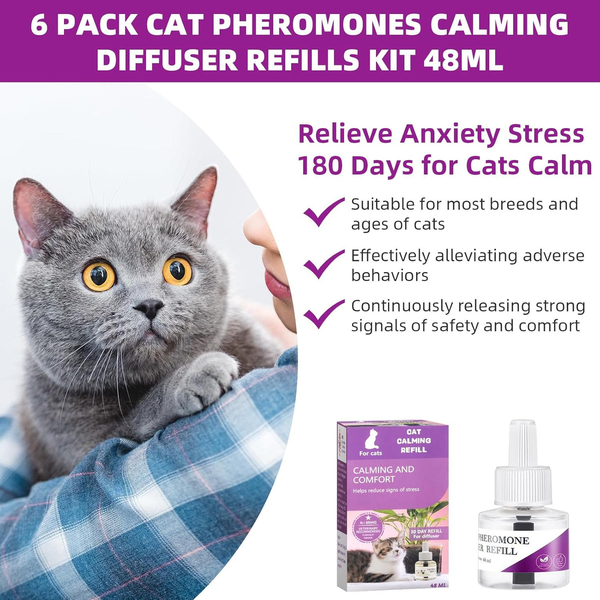 JahyShow Stress-Relieving Cat Pheromone Diffuser Refill, 6 Pack Anxiety Relief for Cats Calming Formula Plug-in