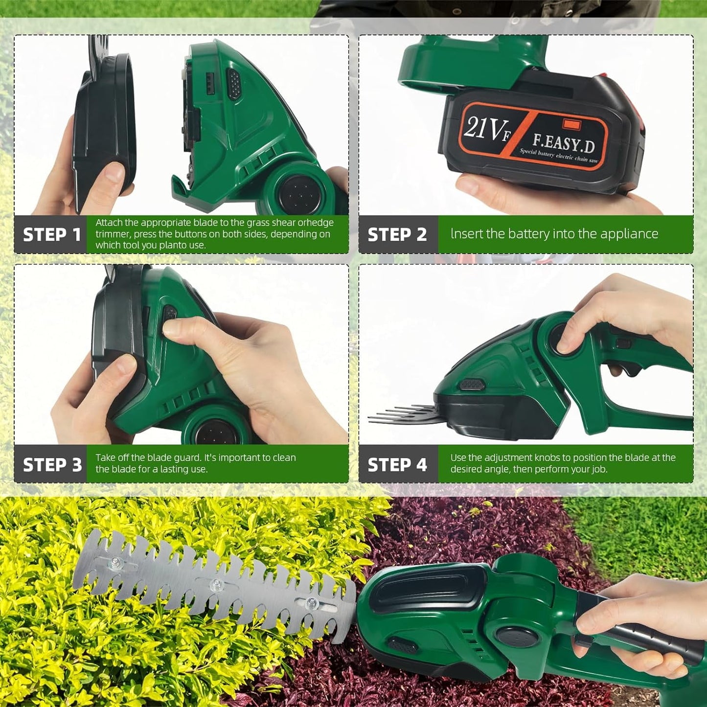 Cordless Grass Shears, 21V Hedge Trimmer Cordless Handheld Grass Trimmer with 2 Rechargeable Battery Grass Shears for Lawn