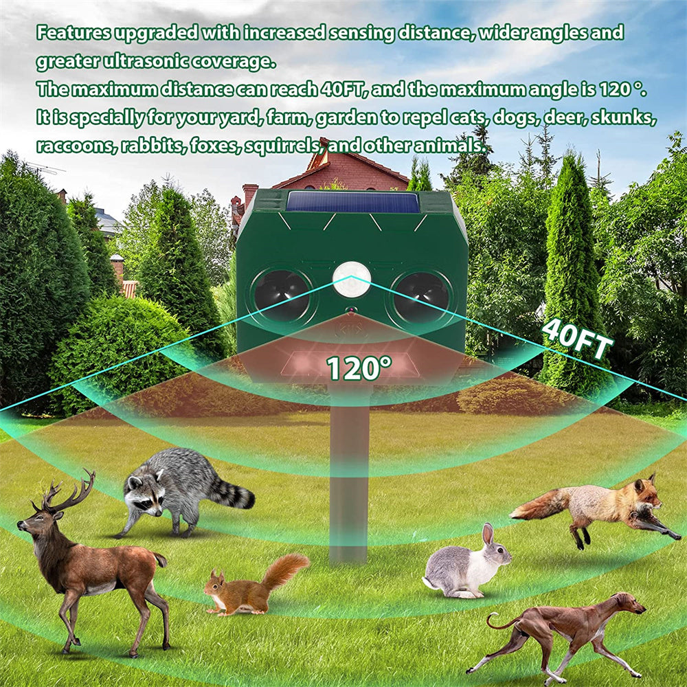 Outdoor Solar Animal Deterrent Motion Activated Waterproof Strobe Light Dual Speaker Green ABS Squirrel Repeller-4Pack