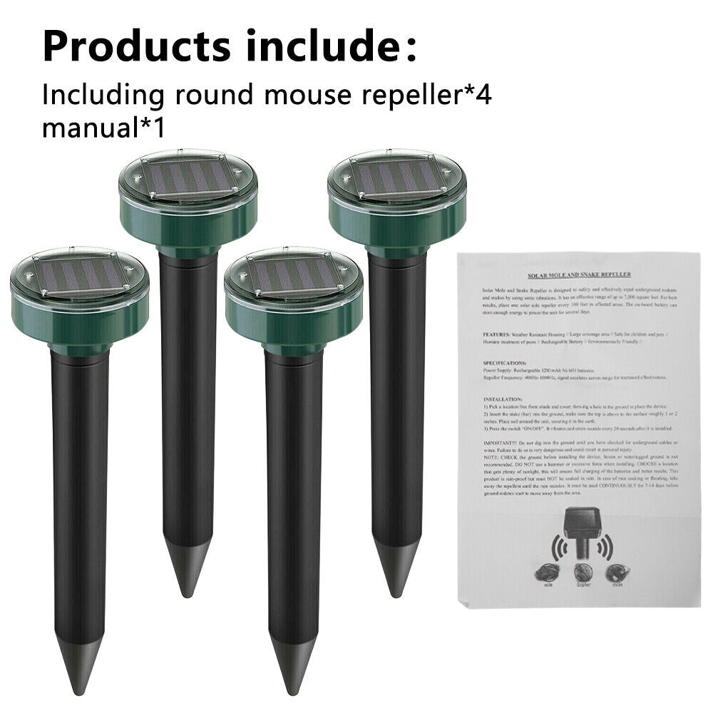 Solar Mole Repellent, Ultrasonic & Solar Powered Gopher Repellent, Waterproof Sonic Groundhog Repeller Rodent Gopher Deterrent Vole Chaser for Outdoor Use (4 Pack)