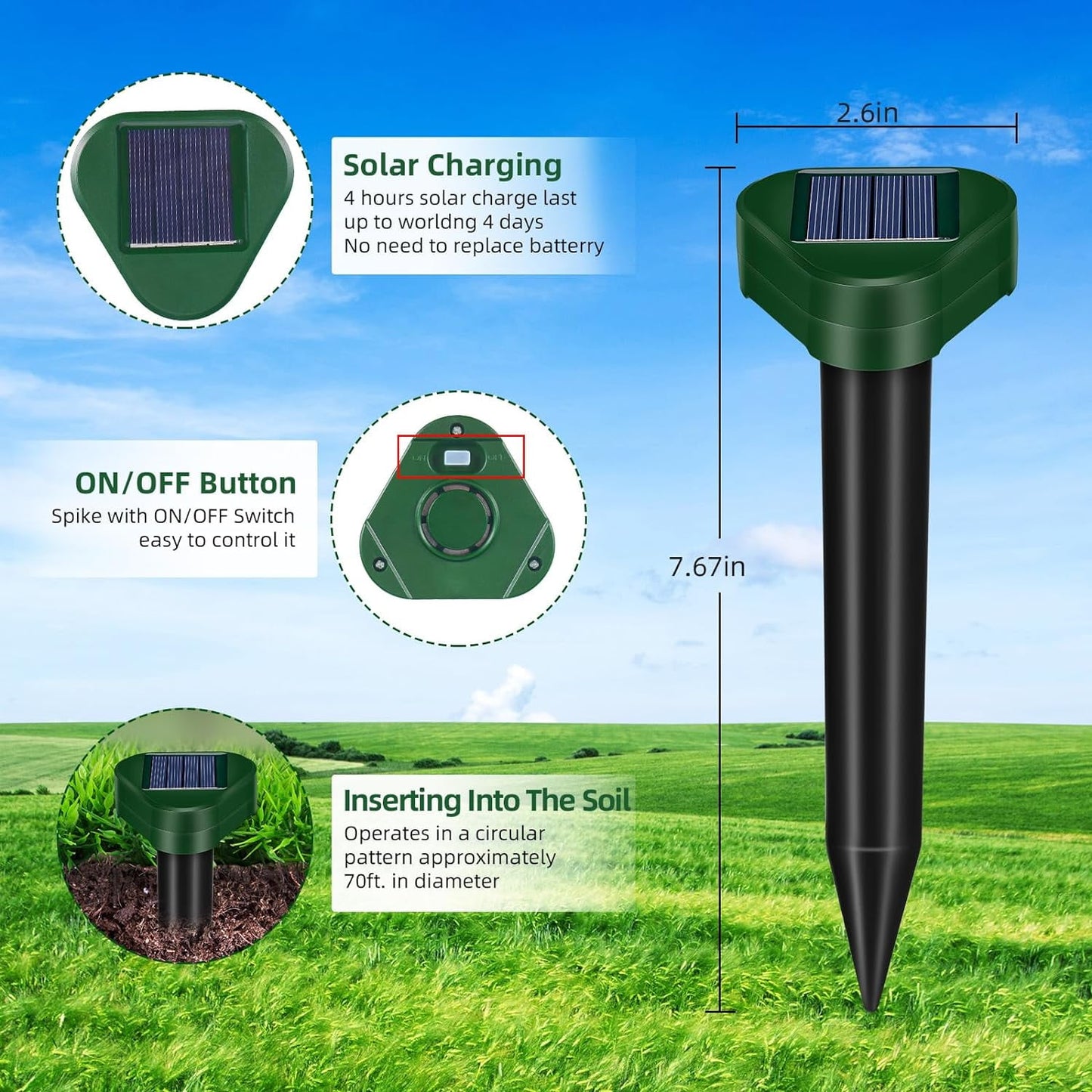 4 Pack Solar Mole Repellent Stakes - Get Rid of Moles, Groundhogs, Chipmunks
