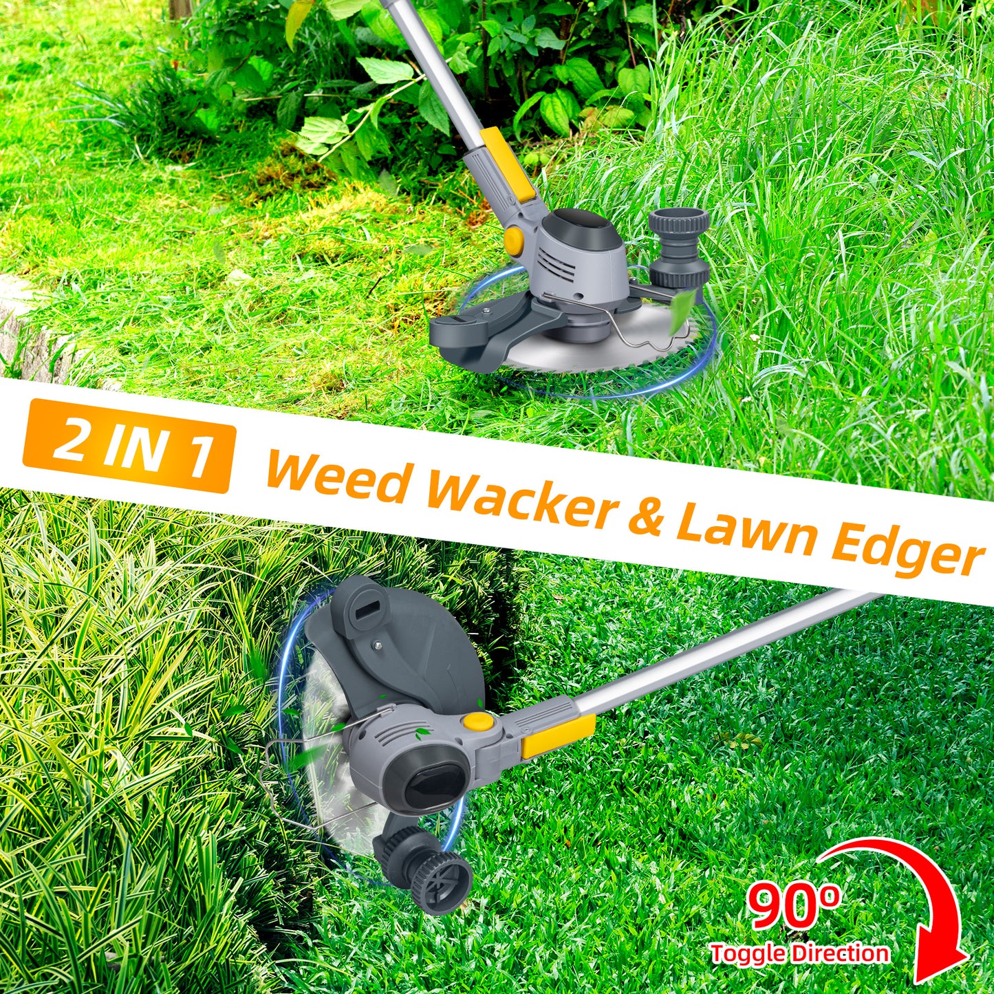 4-in-1 Wheel Edger Mini-Mower, Electric Weed Wacker 2x4.0A Battery Powered