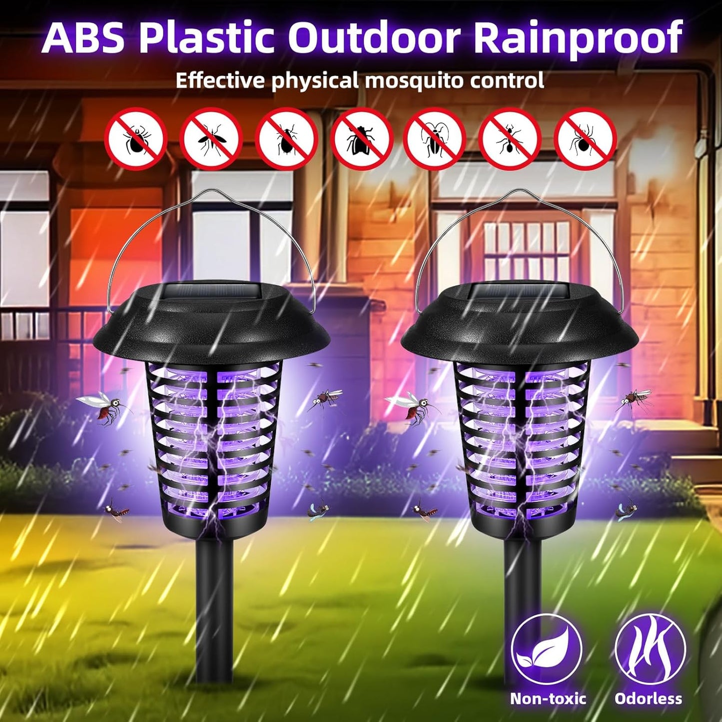 2-Pack Solar-Powered Bug Zapper Lamp for Outdoors - Mosquito & Fly Killer Stake Light Fixture Yard Garden Patio