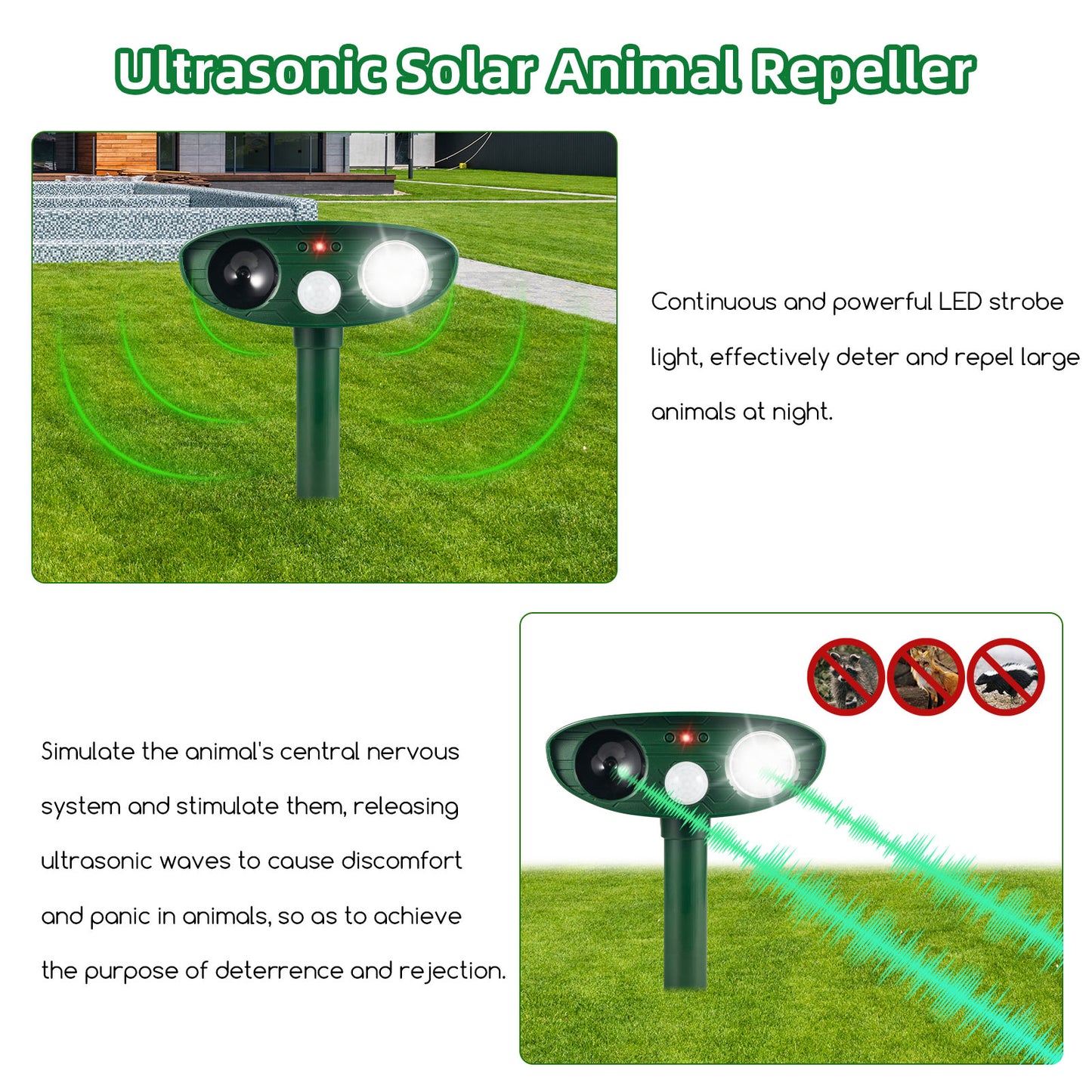 2 Pack Upgraded Ultrasonic Animal Repeller Outdoor,Solar Animal Repeller Waterproof Animal Repellent with Motion Detection LED Strobe Light