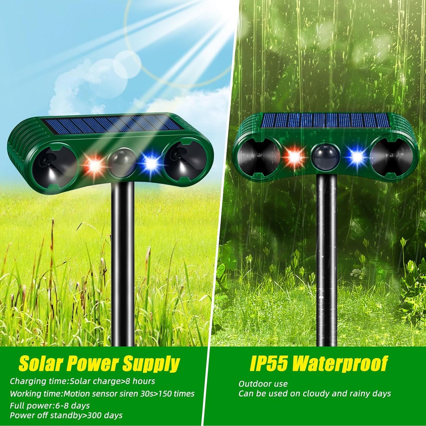 Solar Animal Repeller with PIR Sensor - Deer Cat Dog Squirrel Raccoon & Rabbit Deterrent - Ultrasonic Outdoor Device