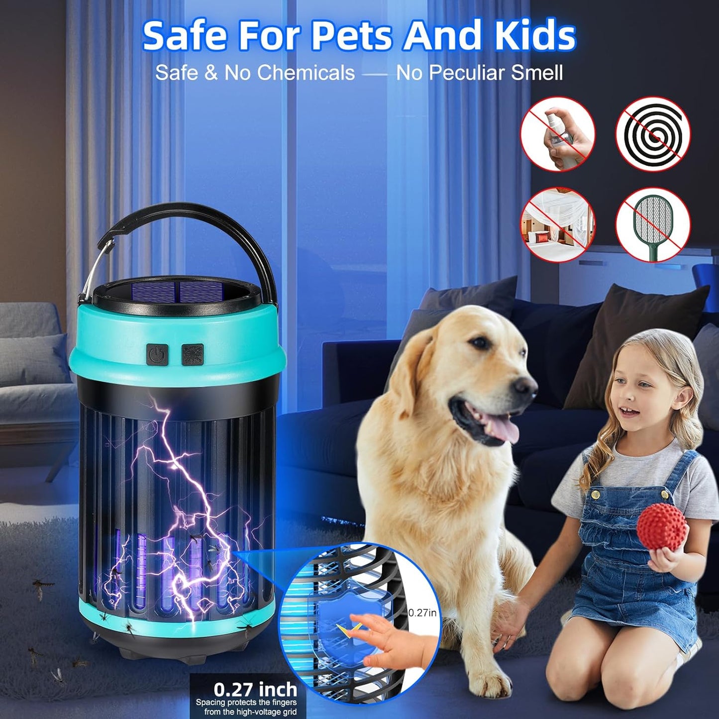 3 in 1 Bug Zapper, Rechargeable Bug Zapper Outdoor Indoor Fly Trap Waterproof, Mosquito Zapper with Emergency Light for Home, Solar Bug Zapper Outdoor for Home, Backyard, Camping