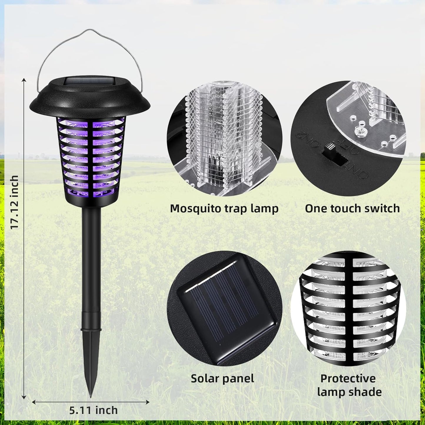 2-Pack Solar-Powered Bug Zapper Lamp for Outdoors - Mosquito & Fly Killer Stake Light Fixture Yard Garden Patio