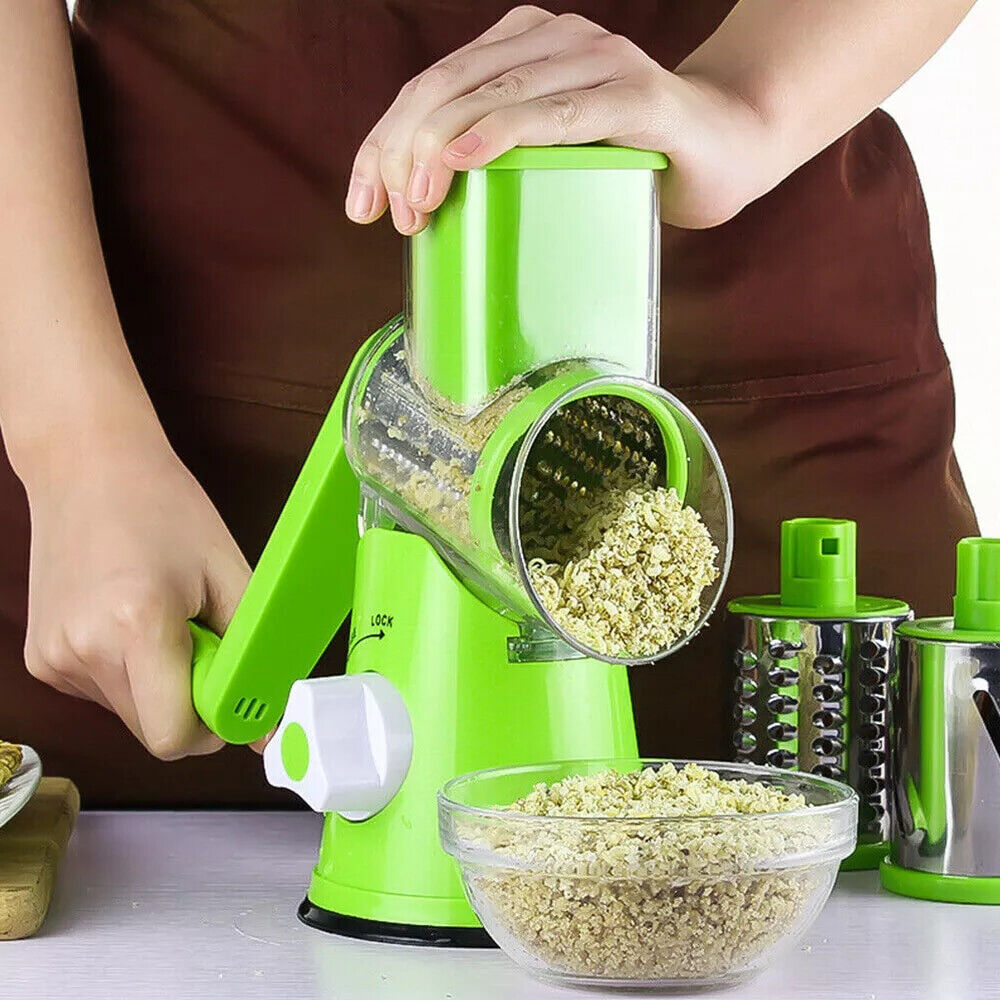 Rotary Cheese Grater Shredder Chopper Round Tumbling Box Mandoline Slicer Nut Grinder Vegetable Slicer, Hash Brown, Potato with Strong Suction Base (Green)