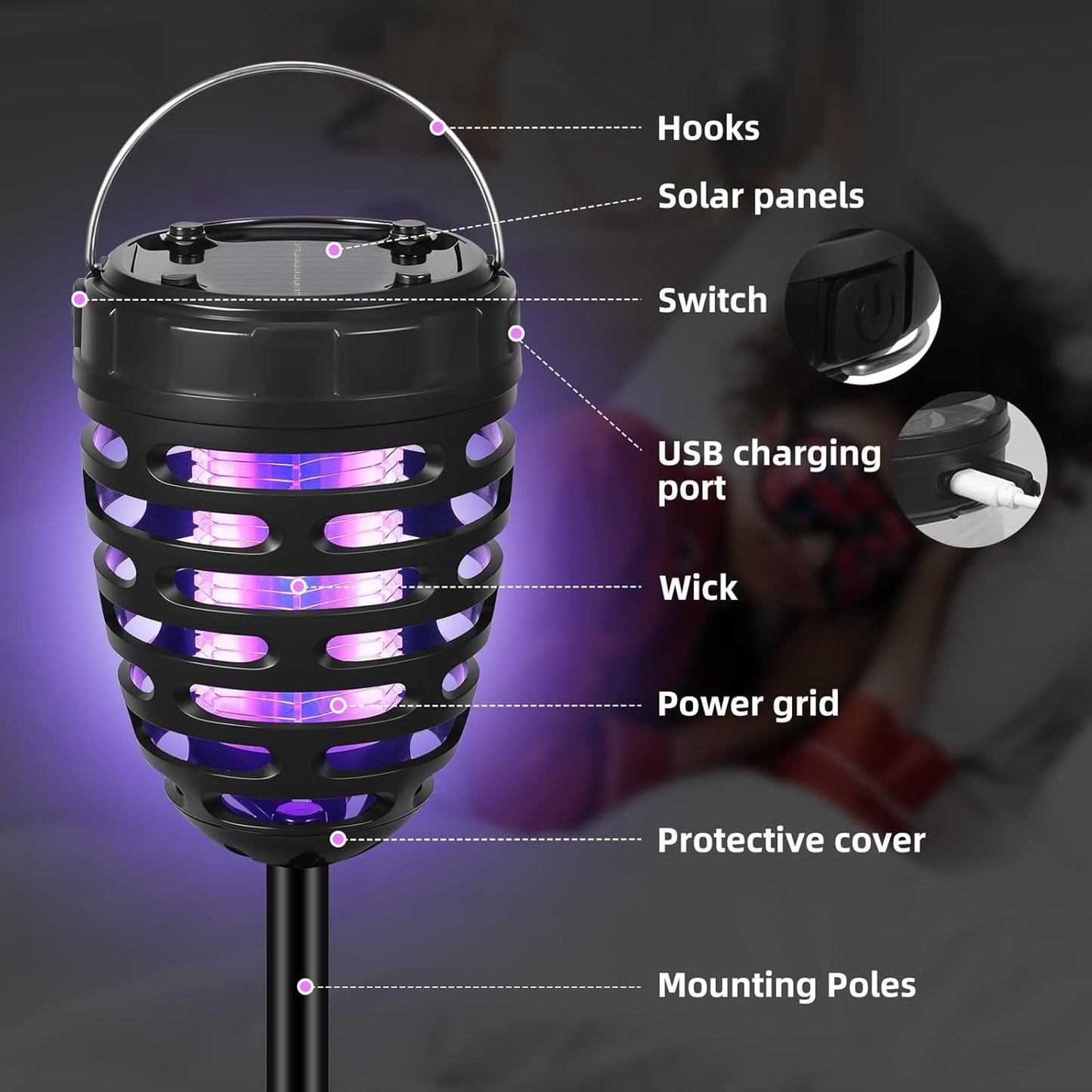 Solar Bug Zapper, 2 Pack Outdoor Indoor Mosquito Zapper Waterproof Mosquito Killer Lamp USB Rechargeable Portable Camping Light Fly Traps for Home Patio Garden Mosquito Repellent Light