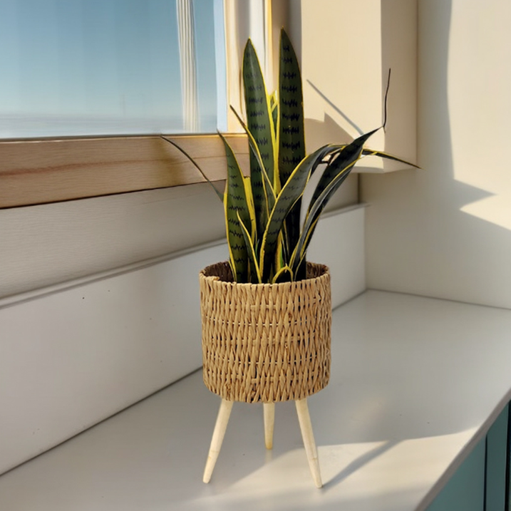 Plant Rack, Garden Planter Floor Standing Round Wooden Rattan Flower Basket Flower Rack Planter & Stand Set with Wood Legs