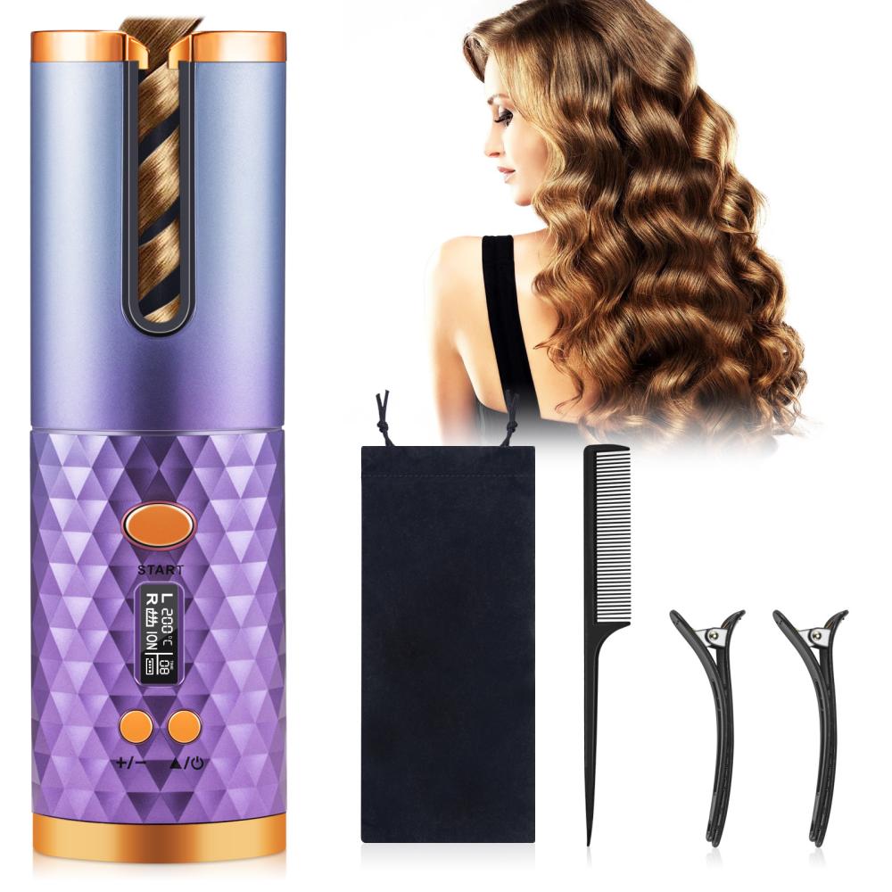 Automatic Curling Iron Wireless Hair Curler Wavy Look with 6 Temp & Timer LCD Display USB Rechargeable Fast Heating Ceramic Rotating Hair Curler for Styling