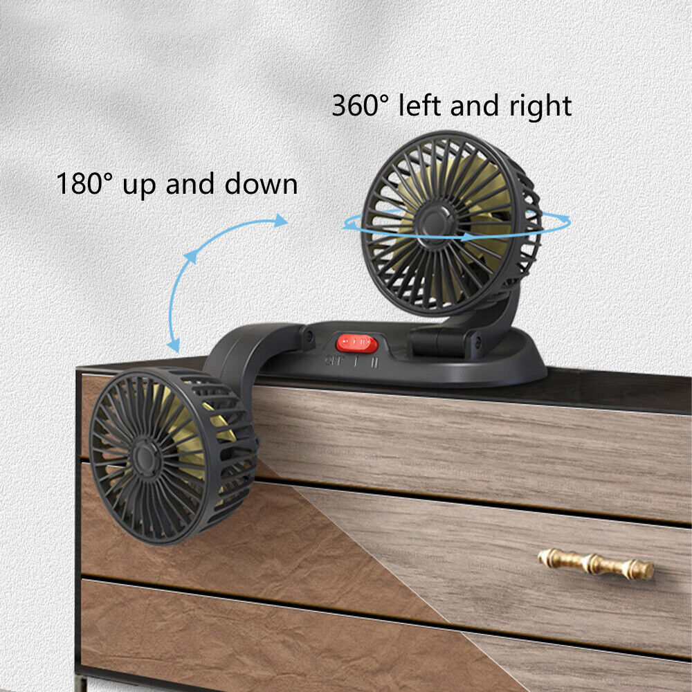 Car Dual Head Fan Portable Vehicle Truck 360° Rotatable Auto Cooler Air Fan 12V