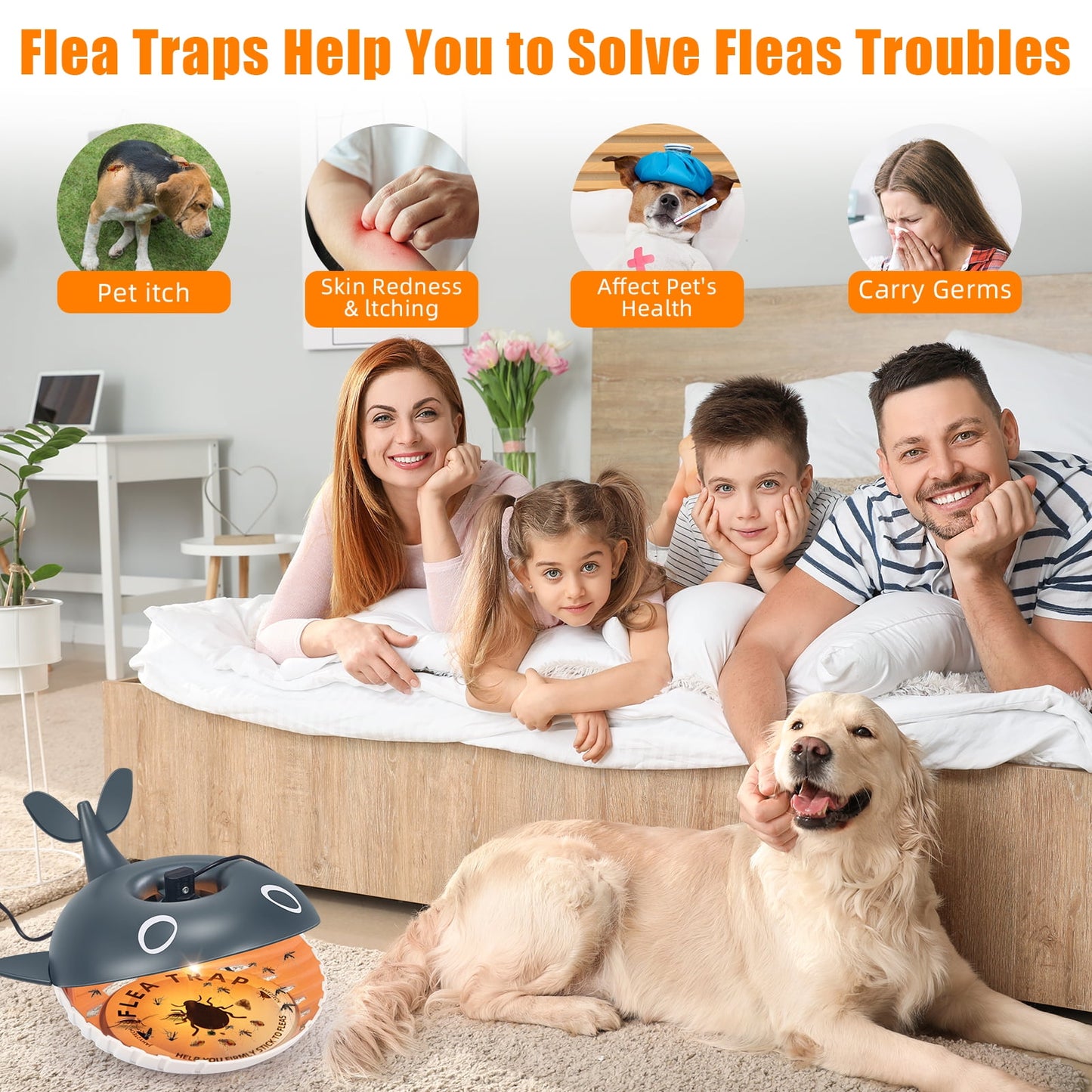 Shark Flea Trap with Light & 8 Refill Discs Indoor Flea Killer for Home, Safe for Kids & Pets