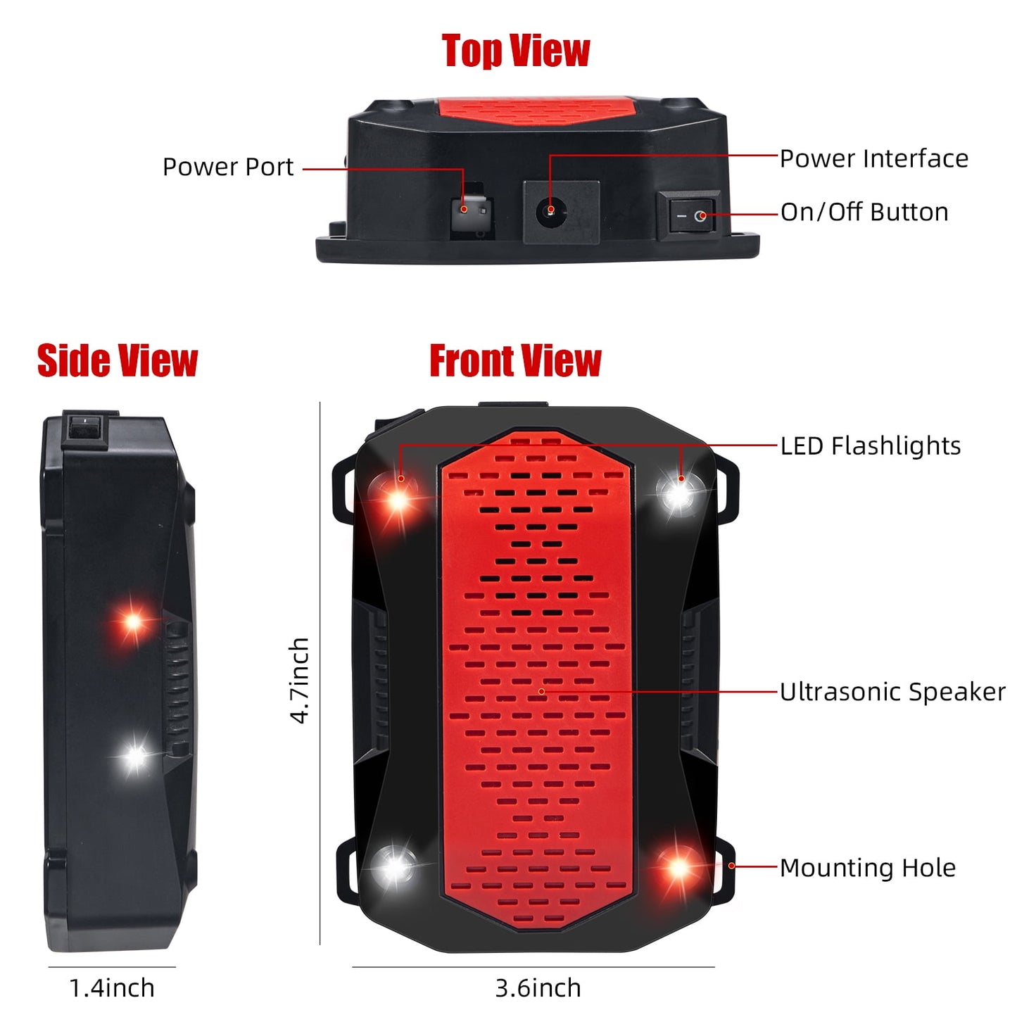 Ultrasonic Rodent Repeller Under Hood - Red/White Flash Light - 12V Car, Truck, RV Engine - Rat & Squirrel Deterrent