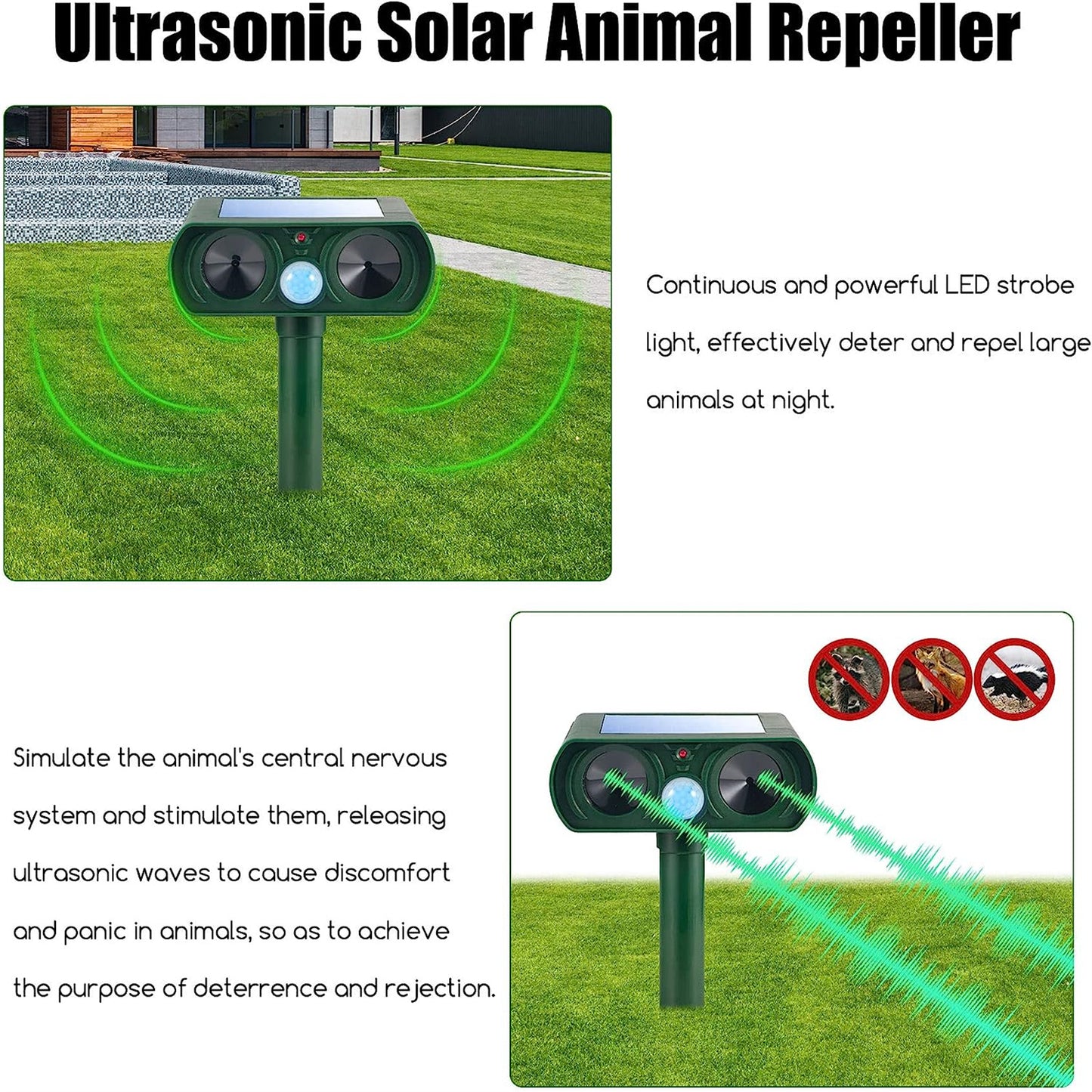 4 Pack Ultrasonic Repellent Solar Animal Repeller Outdoor Waterproof with Motion Sensor Red Light Deterrent for Raccoon Rabbit Coyote Squirrel Deer Cat Dog Skunk Fox Etc