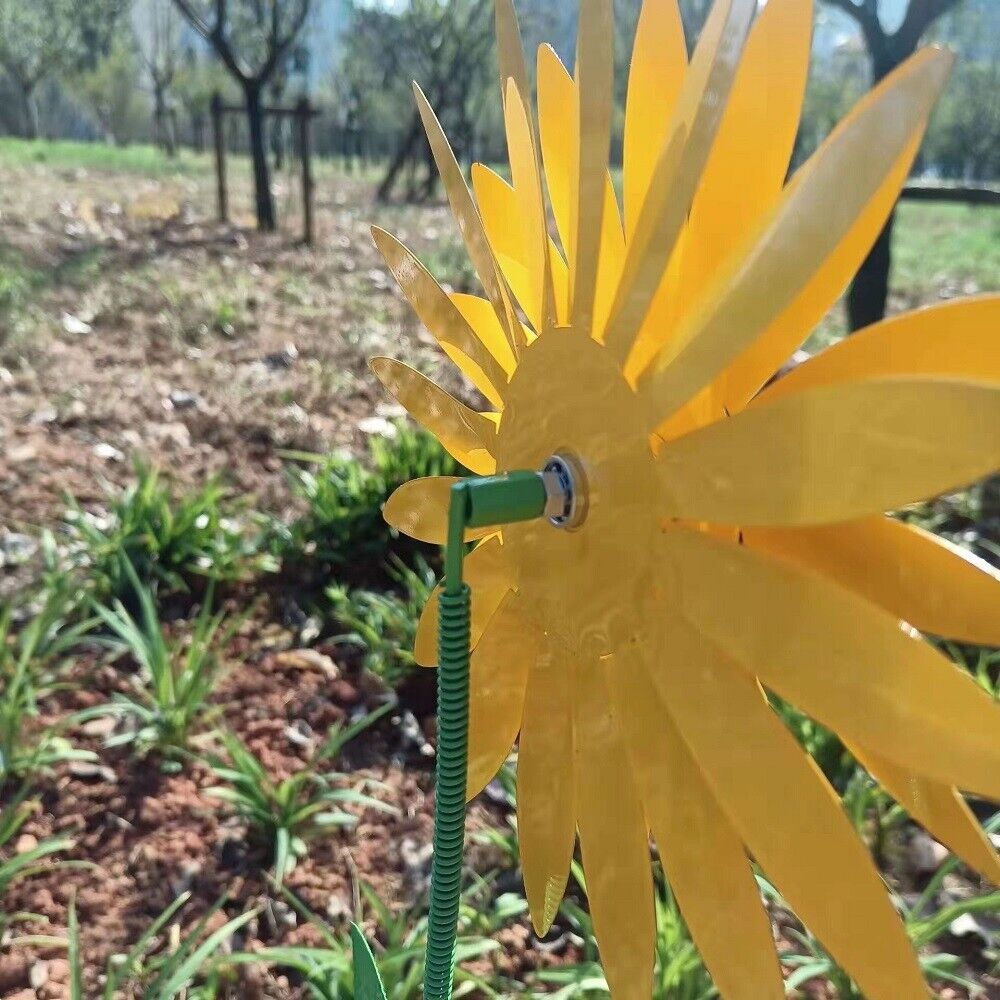 3D Metal Yellow Sunflower Wind Spinner Windmill Sculpture Outdoor Garden Decor