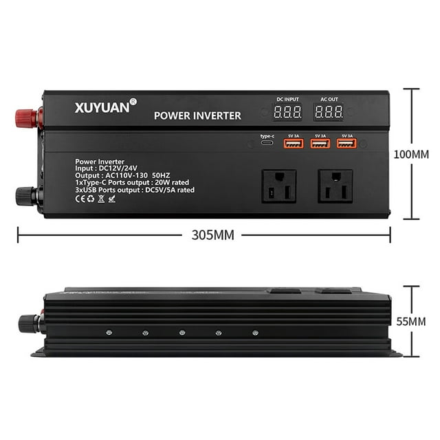 3000W Pure Sine Wave Power Inverter Universal DC 12V/24V to AC 110V 2-in-1 with LED Display 1Type-C 3 USB Ports