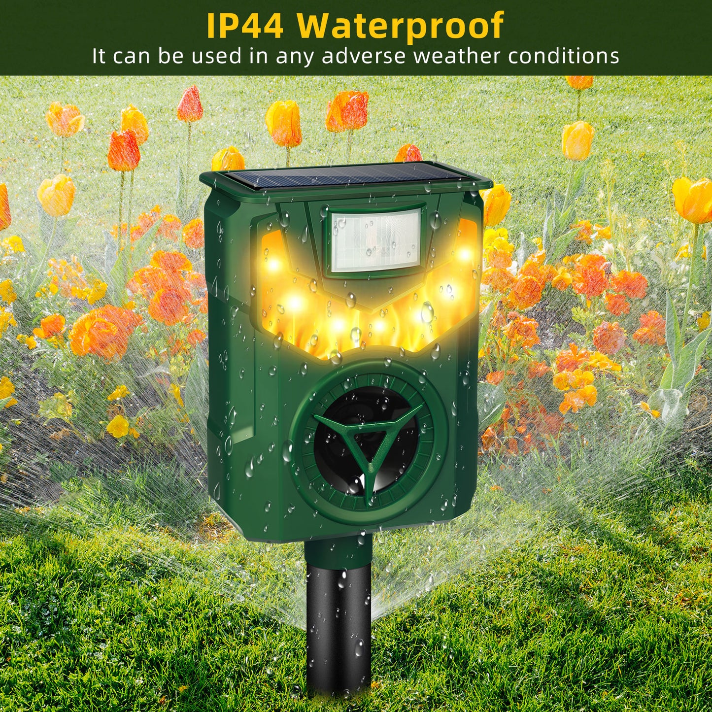 Ultrasonic Animal Repeller Solar Powered Outdoor,Deer Repellent Devices with Motion Sensor Flame Light Waterproof Animal Deterrent for Deer Raccoon Cat Squirrel Skunk Dog Rabbit Coyote and More