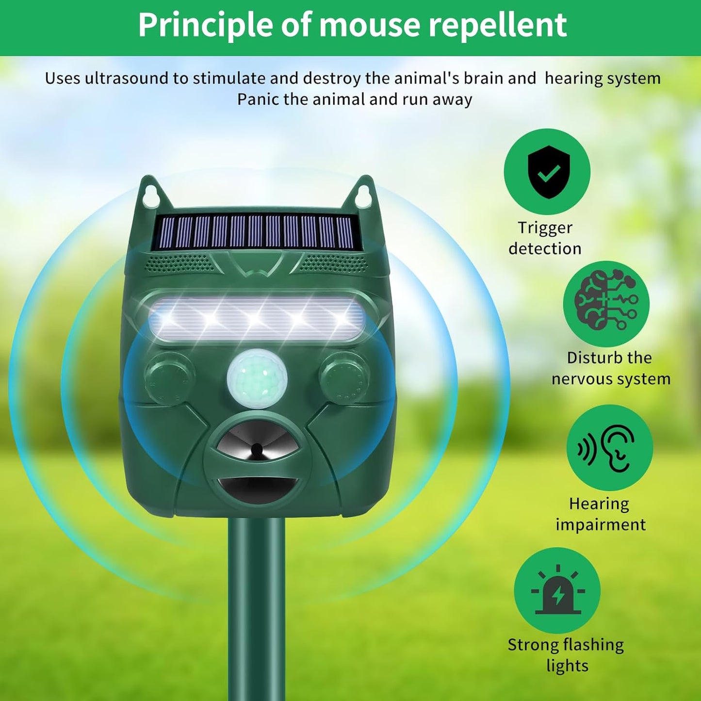 Solar Ultrasonic Animal Repeller.Cat Repellent Outdoor. Motion Activated and Blinking LED Light Siren Mosquito Repellent for Deer, Bird, Cat ,Dog,Raccoon, Skunk, Squirrel, Rabbit, etc Green