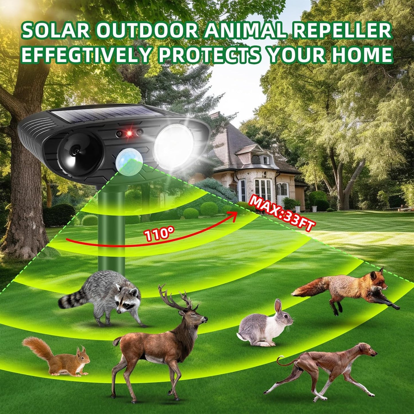 Outdoor Ultrasonic Solar Animal Repeller Motion Sensor Yard Solar Repellent - Cat Deterrent Deer Dog Raccoon Mole Repellent