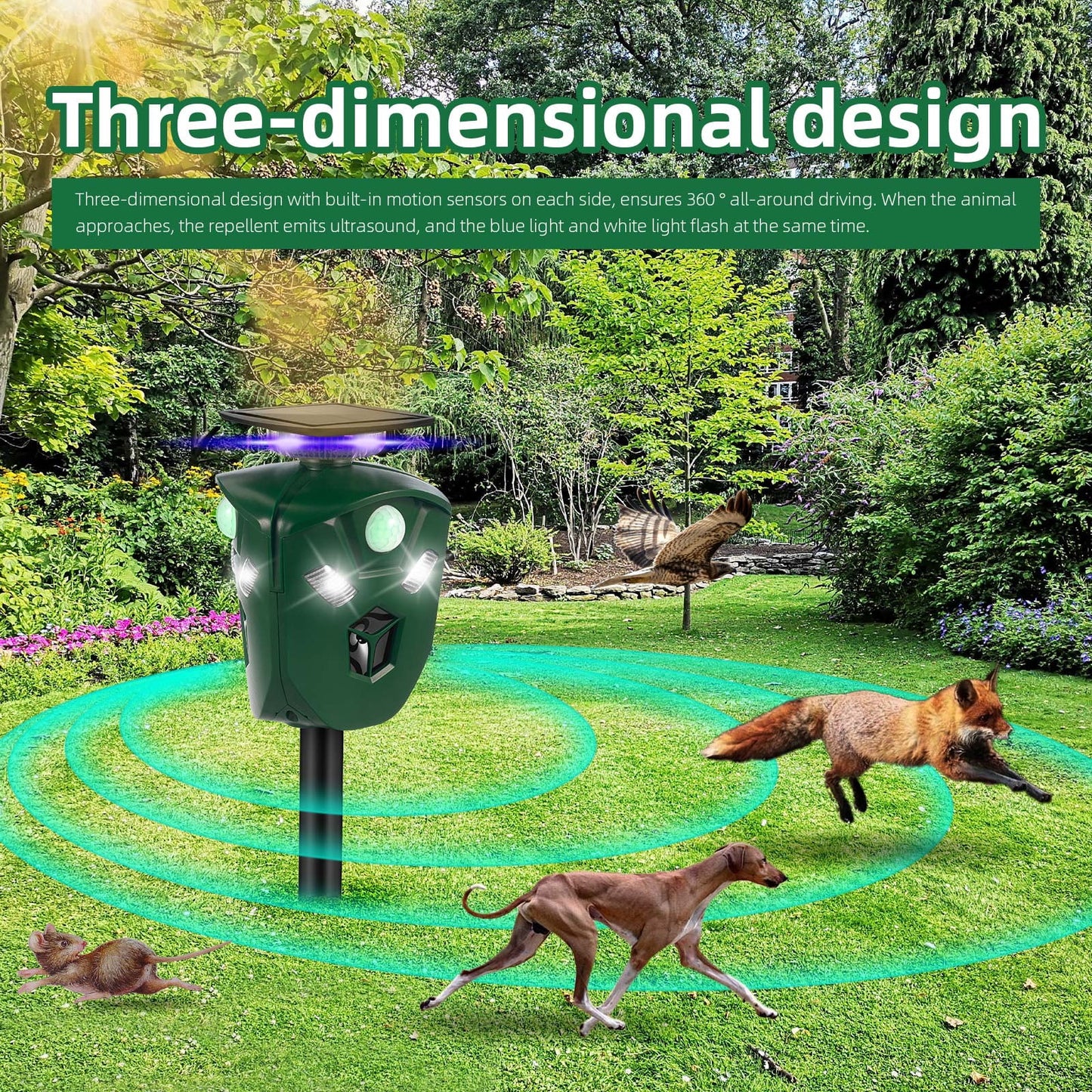 Ultrasonic Animal Repeller Solar Powered Cat Repellent Outdoor Waterproof with Motion Sensor LED Flashing Light 360° Deer Repellent