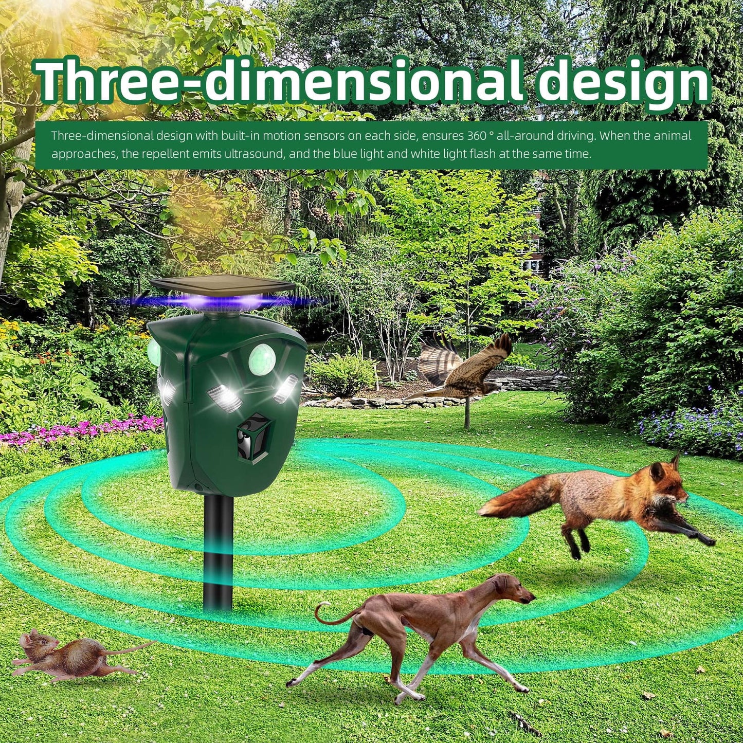 Ultrasonic Animal Repeller Solar Powered Cat Repellent Outdoor Waterproof with Motion Sensor LED Flashing Light 360° Deer Repellent for Cat, Squirrels, Skunk, Fox, Raccoon, Rabbit(2 Pack)