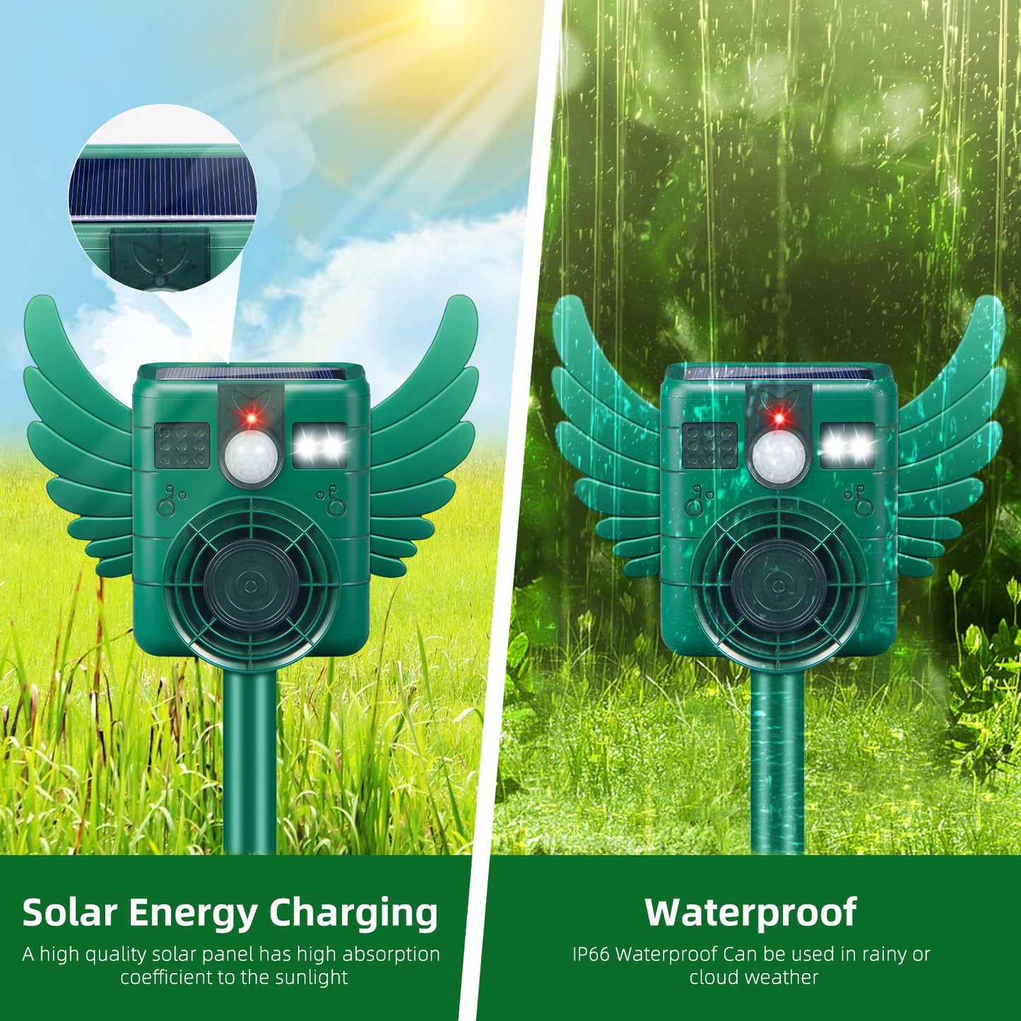 Solar Animal Repeller Outdoor, Ultrasonic with Motion Sensor LED Flash Light, Waterproof IP66 to Repel Deer Dog Rabbit Raccoon Coyote Skunk